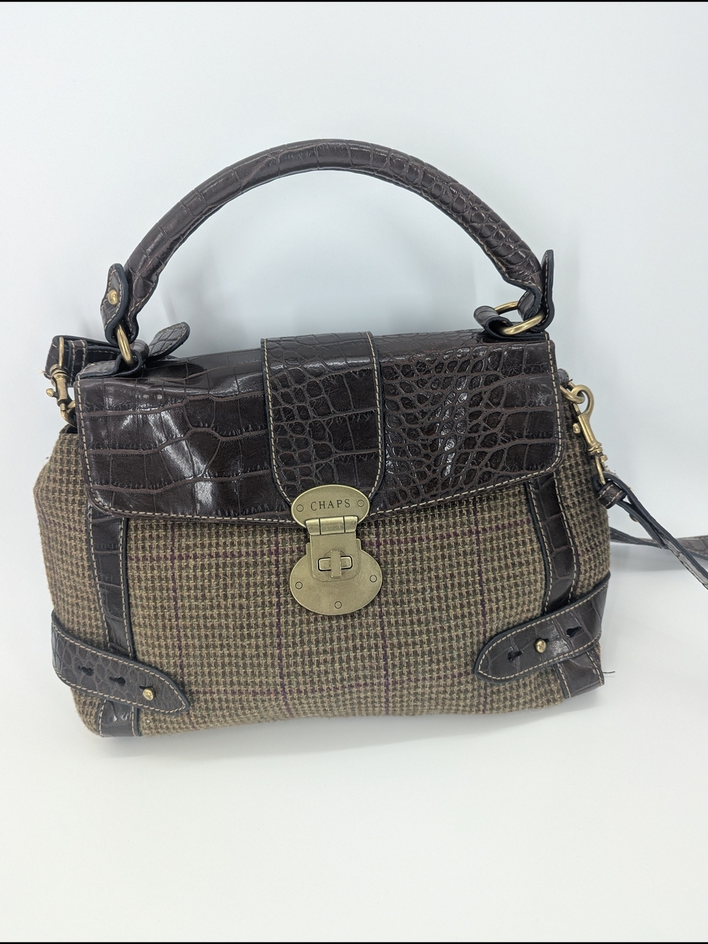 Chaps Plaid Tweed Croc Embossed Leather Handbag Crossbody Purse Wool Brown VTG